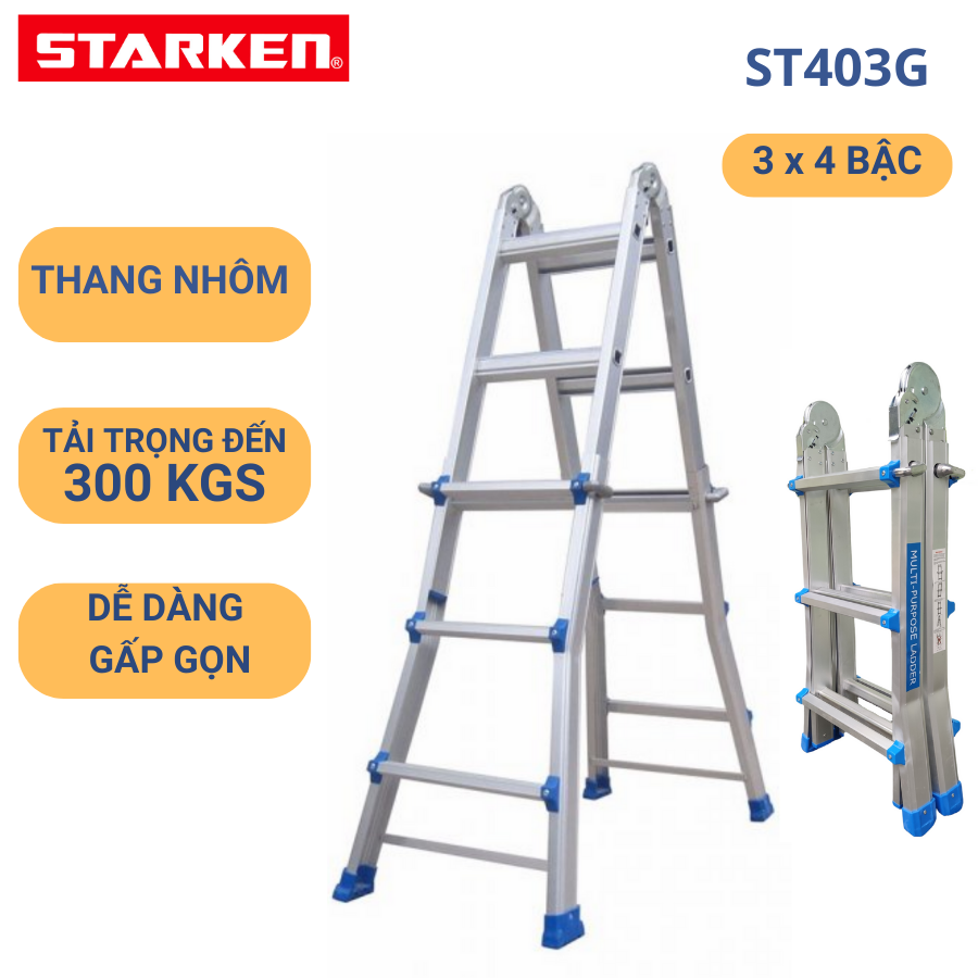 Thang nhôm gấp trượt chữ A STARKEN ST403G tải trọng 300kgs / 150kgs - Hàng chính hãng bảo hành 18 tháng