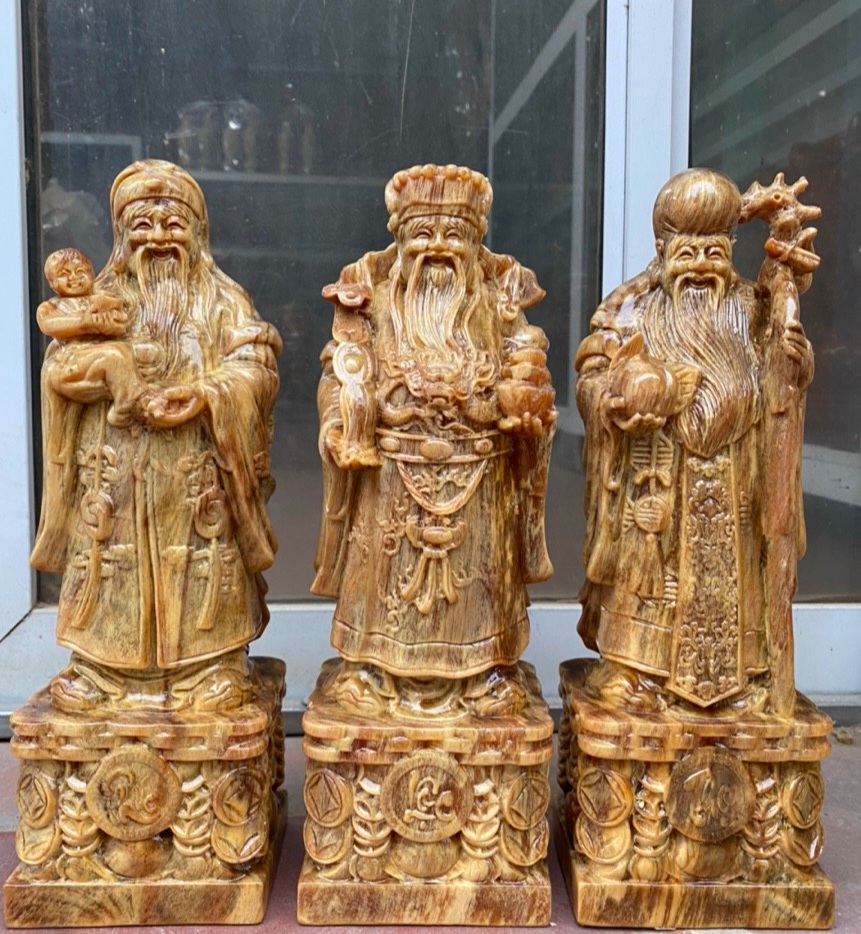 Bộ tượng phật tam đa phúc lộc thọ bằng gỗ huyết long mọng dầu đẹp long lanh cao 50×15×12cm
