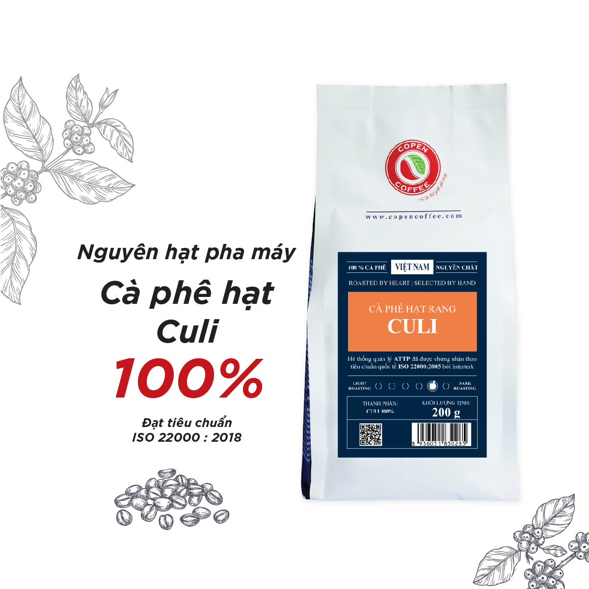 Cà phê hạt Copen Coffee Culi túi 200g (Nguyên Hạt Rang Mộc)