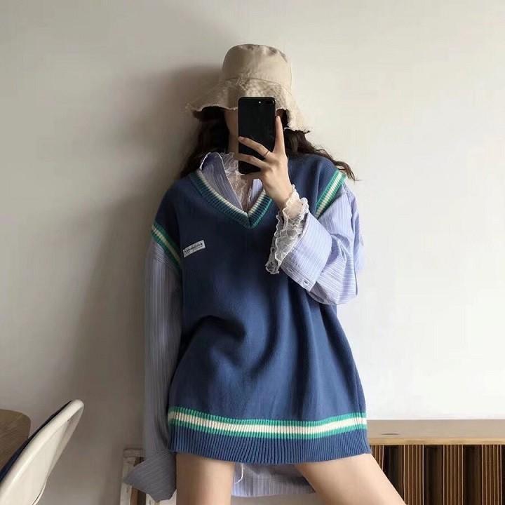 Áo gile len mỏng ulzzang nữ dáng rộng Hàn Quốc giá rẻ cổ chữ v màu trơn dễ phối đồ - 011
