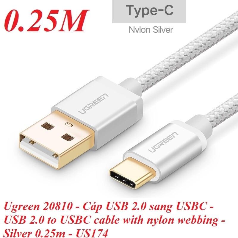 Ugreen UG20810US174TK 0.25M màu Trắng Dây USB 2.0 sang Type-C đầu nhôm dây bọc vinyl - HÀNG CHÍNH HÃNG