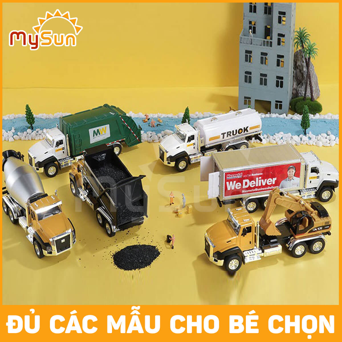 Mô hình xe ben, máy xúc múc đất, ô tô container chở hàng đồ chơi trẻ em cỡ lớn 6 bánh cho bé MySun