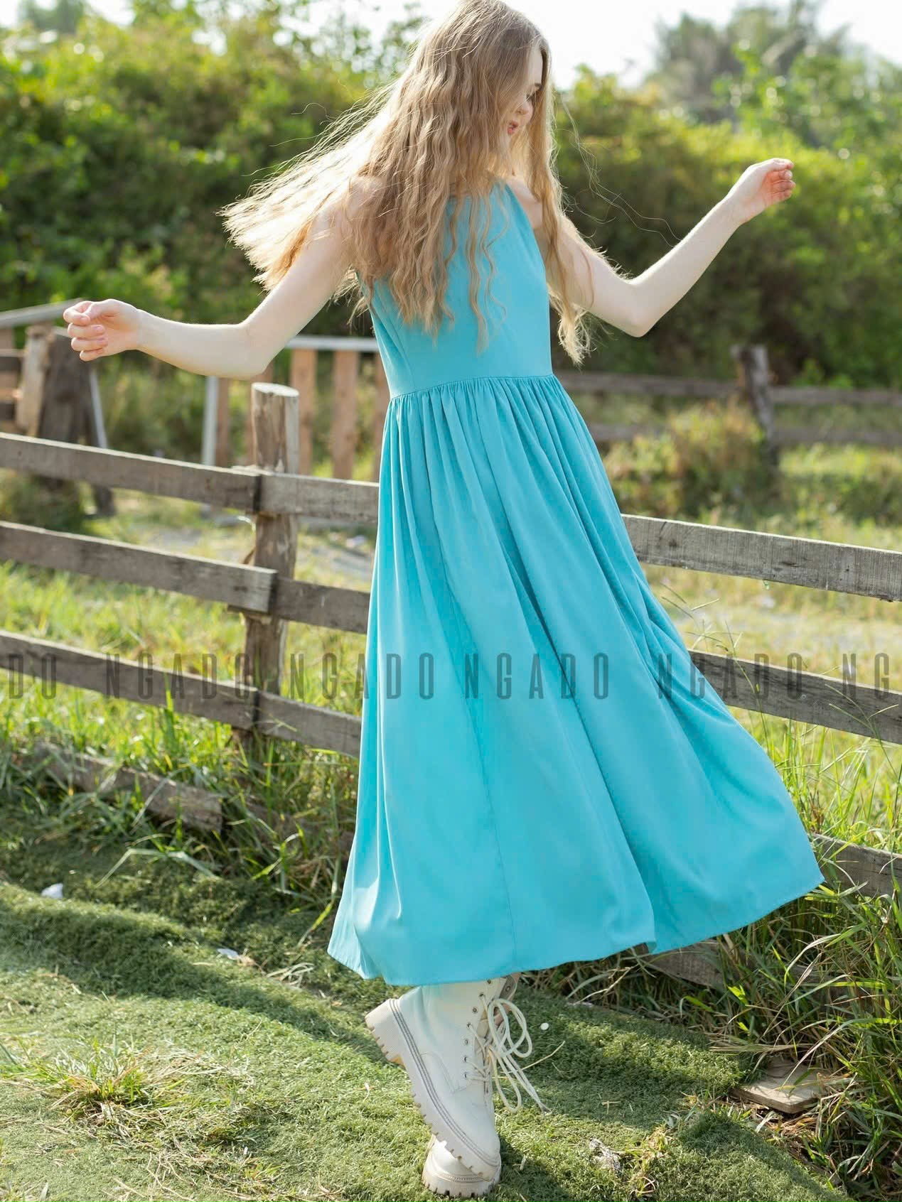 Đầm xanh babydoll sát nách NGADO , đầm nữ , đầm thời trang , váy đi biển