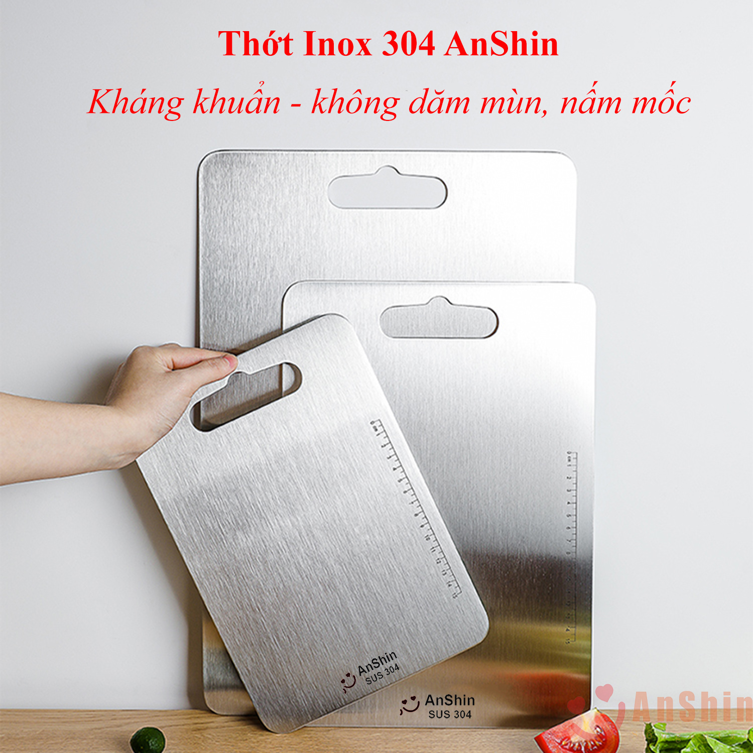 Thớt Inox 304 Anshin - kháng khuẩn, khử mùi, chống nấm mốc