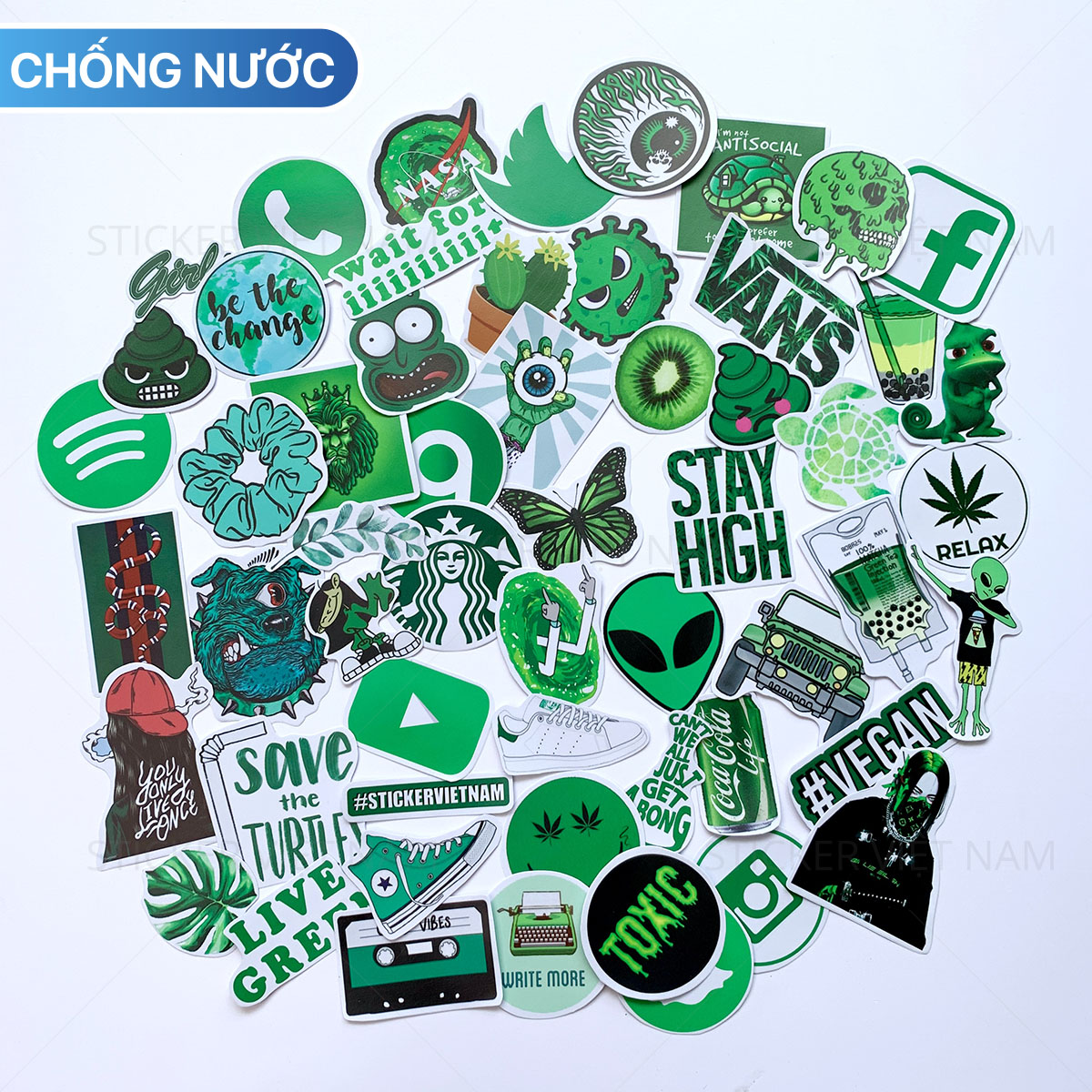 Sticker Màu Xanh Lá Green - Chất Liệu PVC Chất Lượng Cao Chống Nước - Kích Thước 4-8cm