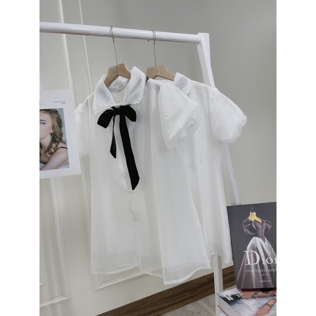 áo sơ mi nữ kiểu babydoll ren tơ phối nơ cổ form rộng dáng xòe xinh xắn