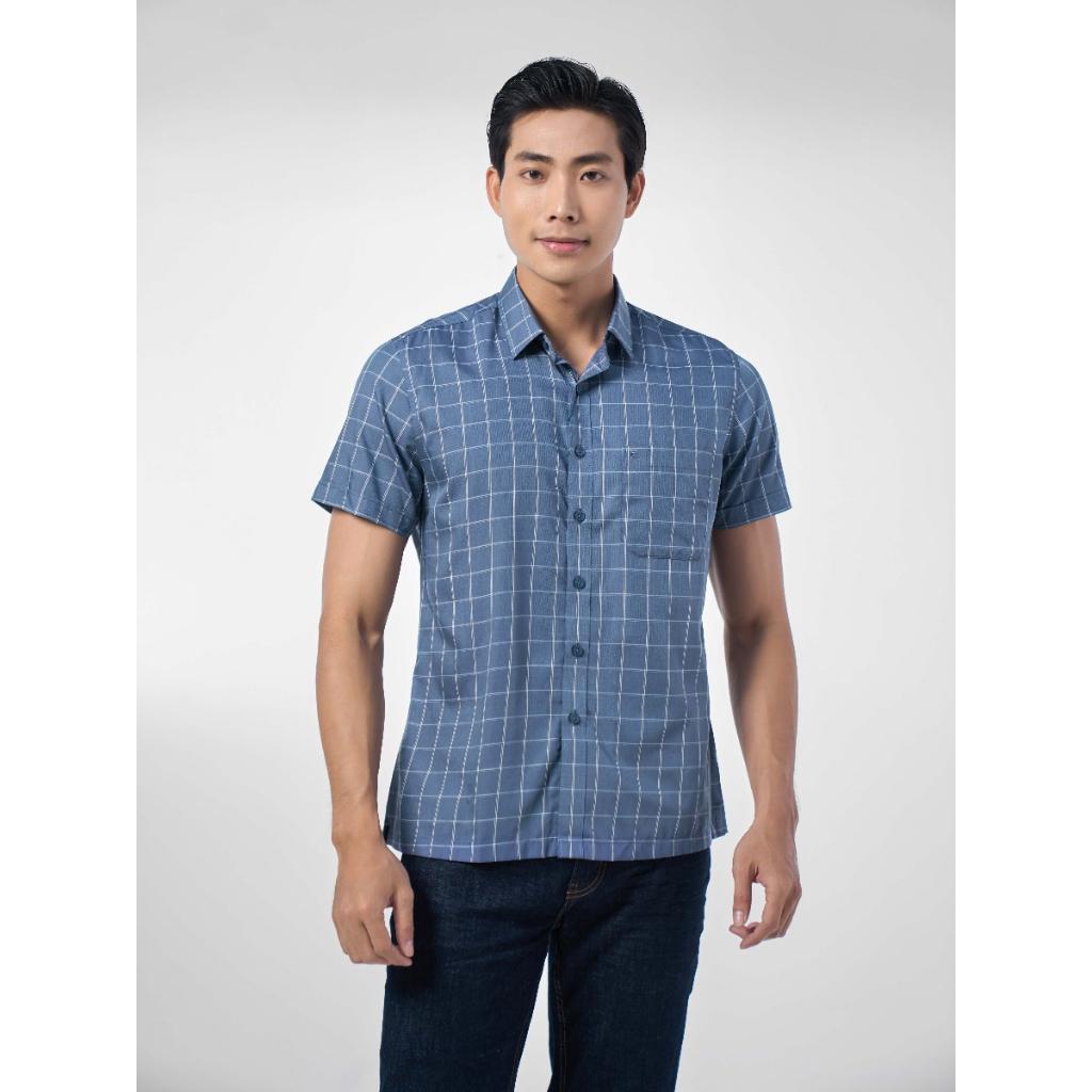 OWEN - Áo Sơ mi ngắn tay Owen vạt ngang chất sợi tre xanh ghi kẻ ô 230131