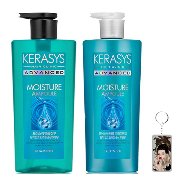 Cặp dầu gội/xả Kerasys Advanced Ampoule Moisture dưỡng ẩm cho tóc khô xơ Hàn Quốc (2x600ml) tặng kèm móc khóa