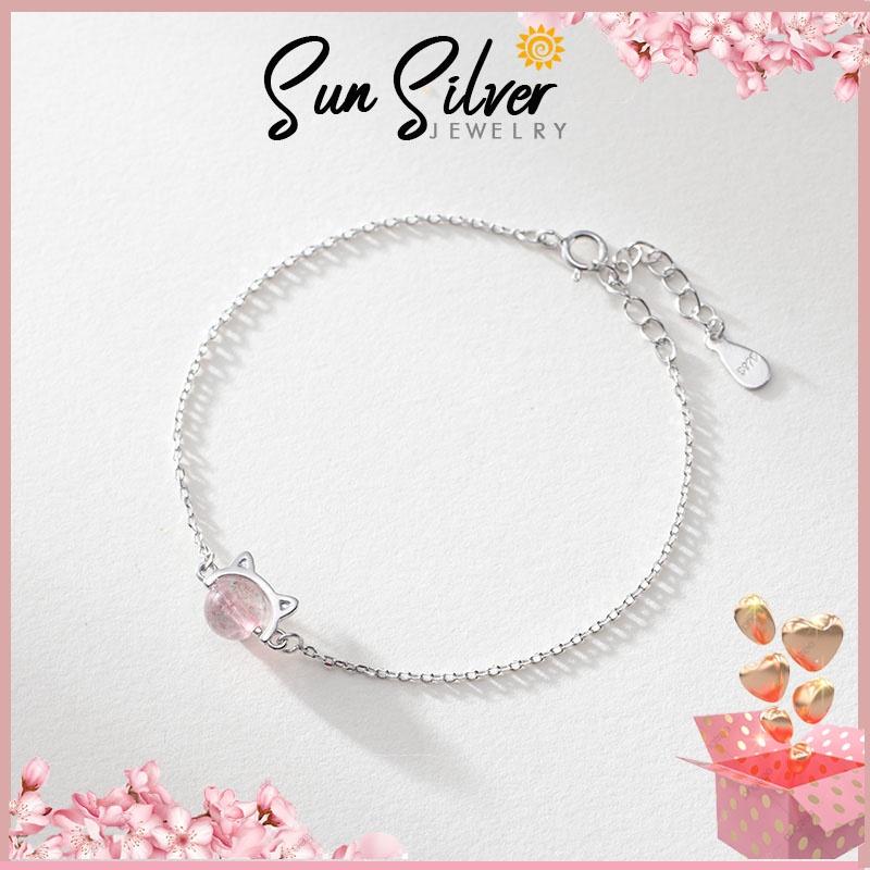 Lắc Tay Nữ Bạc 925 Màu Hồng Dâu Tự Nhiên  Cute Cat Cao Cấp Sun Silver FreeSize