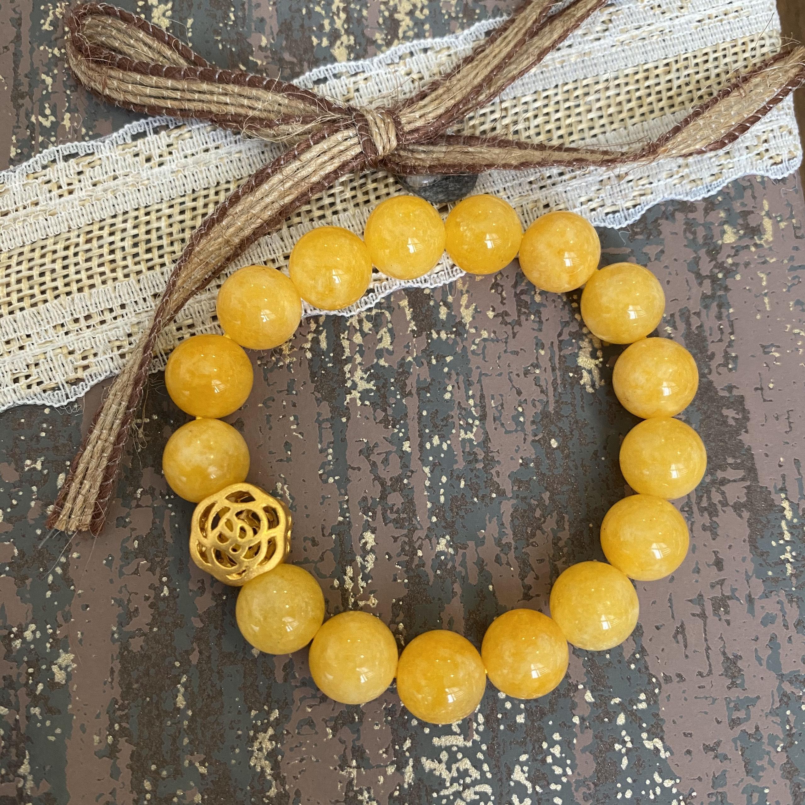 Vòng Đá Thạch Anh Vàng Vân 10 Ly Mix Charm Hoa 24K