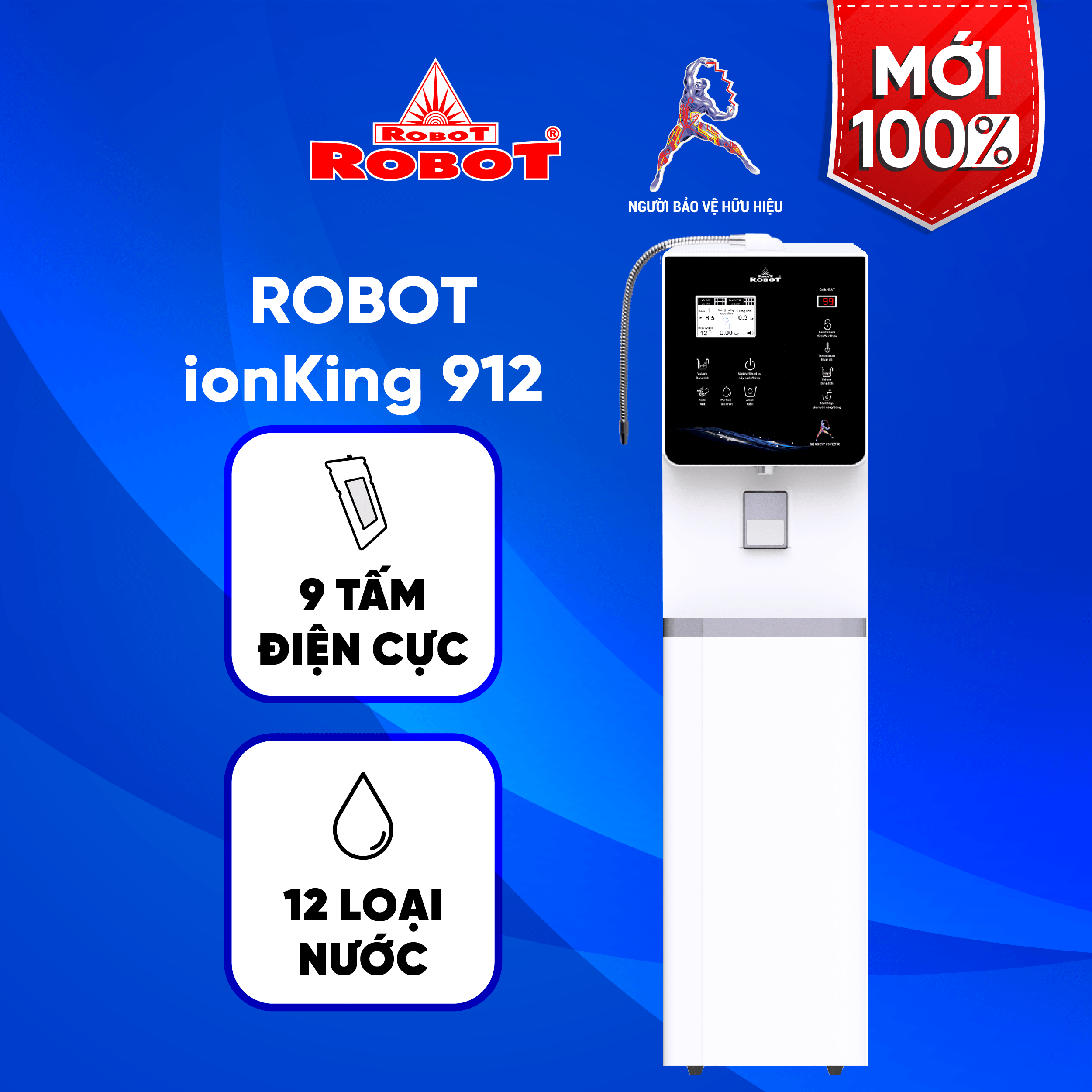 Máy Lọc Nước Điện Giải Ion Kiềm ROBOT IonKing 912 Chế Độ Nóng Thông Minh Lạnh 9 Tấm Điện Cực Titanium Phủ Platinum - Hàng Chính Hãng