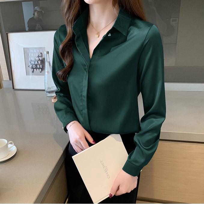 Áo Sơ Mi Nữ Công Sở Màu Xanh Lá Cổ Đức CHIPY Kiểu Hàn Quốc Vintage Ulzzang Form Rộng Dài Tay Đẹp Chất Lụa Cao Cấp A2X