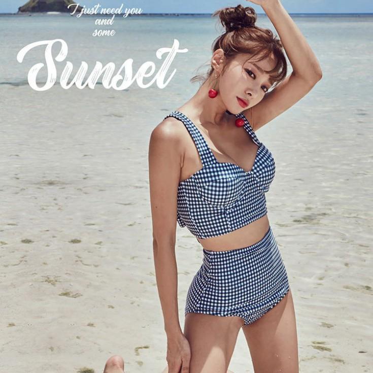 Bộ bikini đi biển cao cấp kẻ caro xanh lam