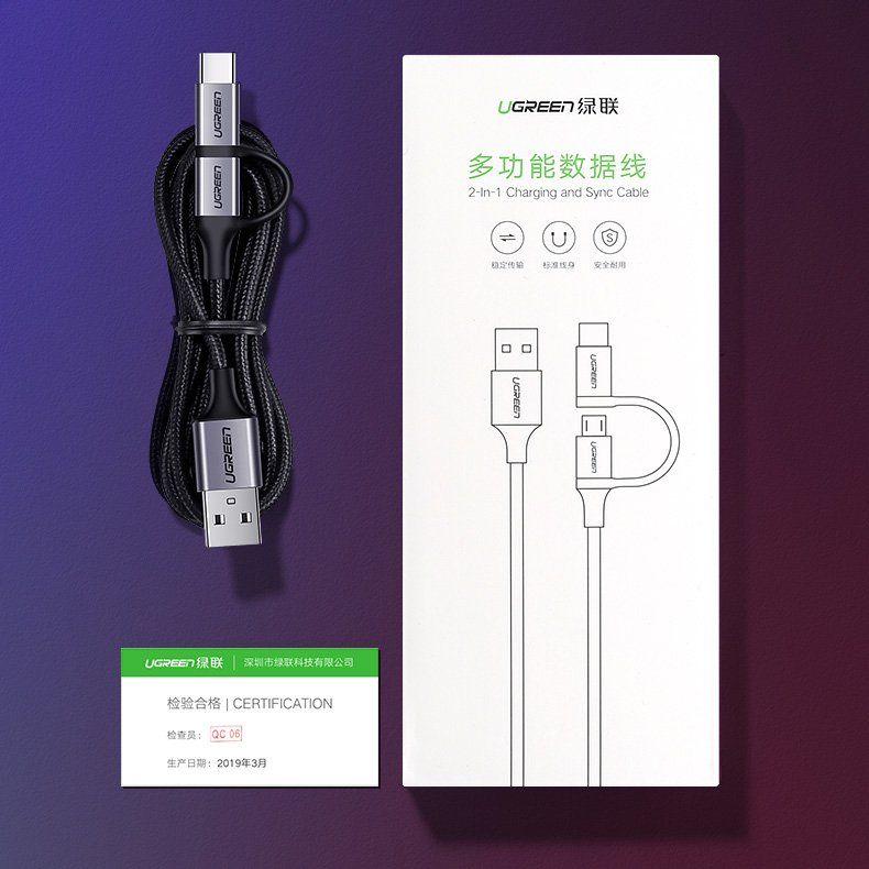 Ugreen UG30875US177TK 1m cáp USB A ra Micro + Type C màu đen dây bện dù đầu bọc nhôm - HÀNG CHÍNH HÃNG