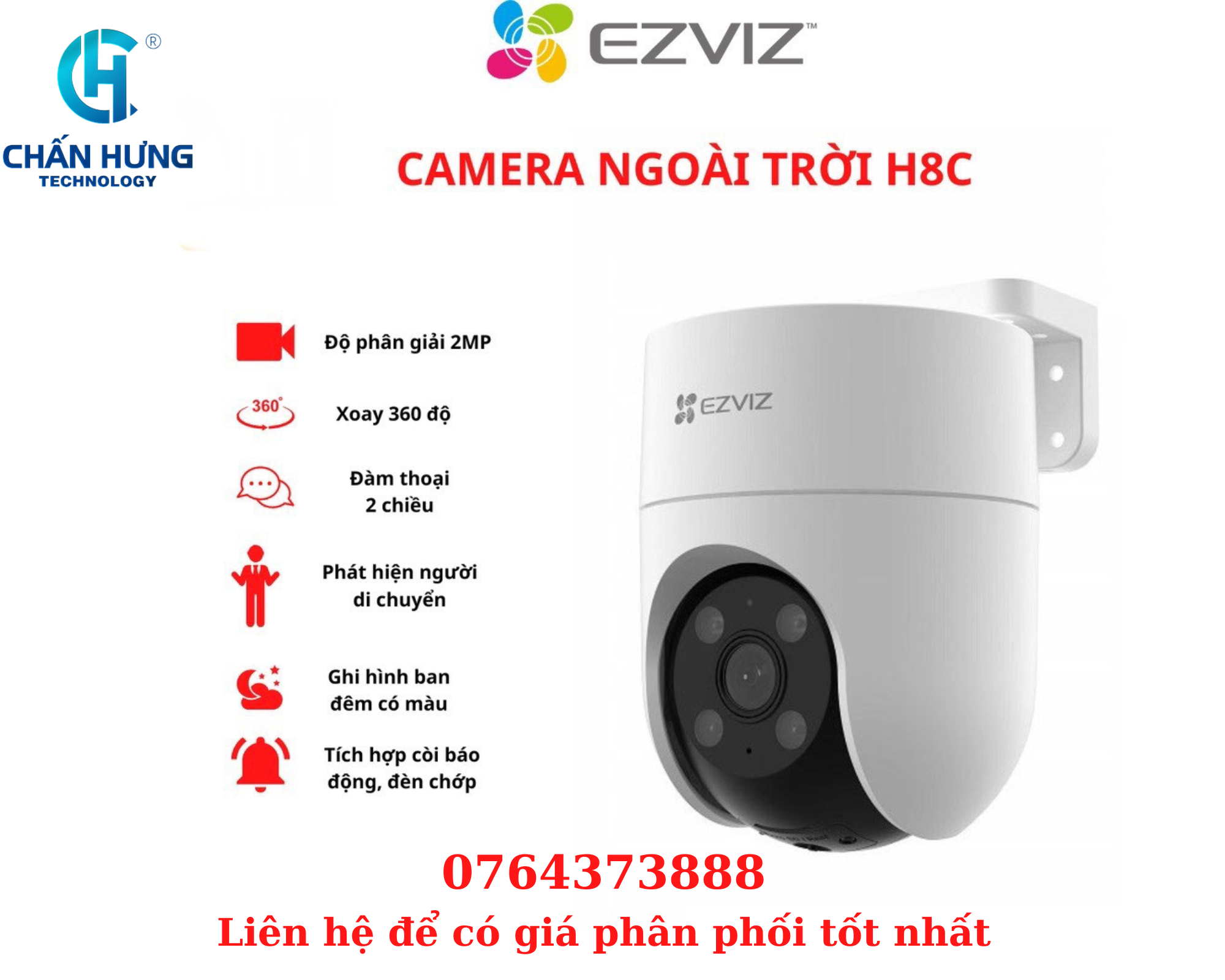 Camera IP WiFi  EZVIZ H8c bản 2MP quay quét ngoài trời - hàng chính hãng