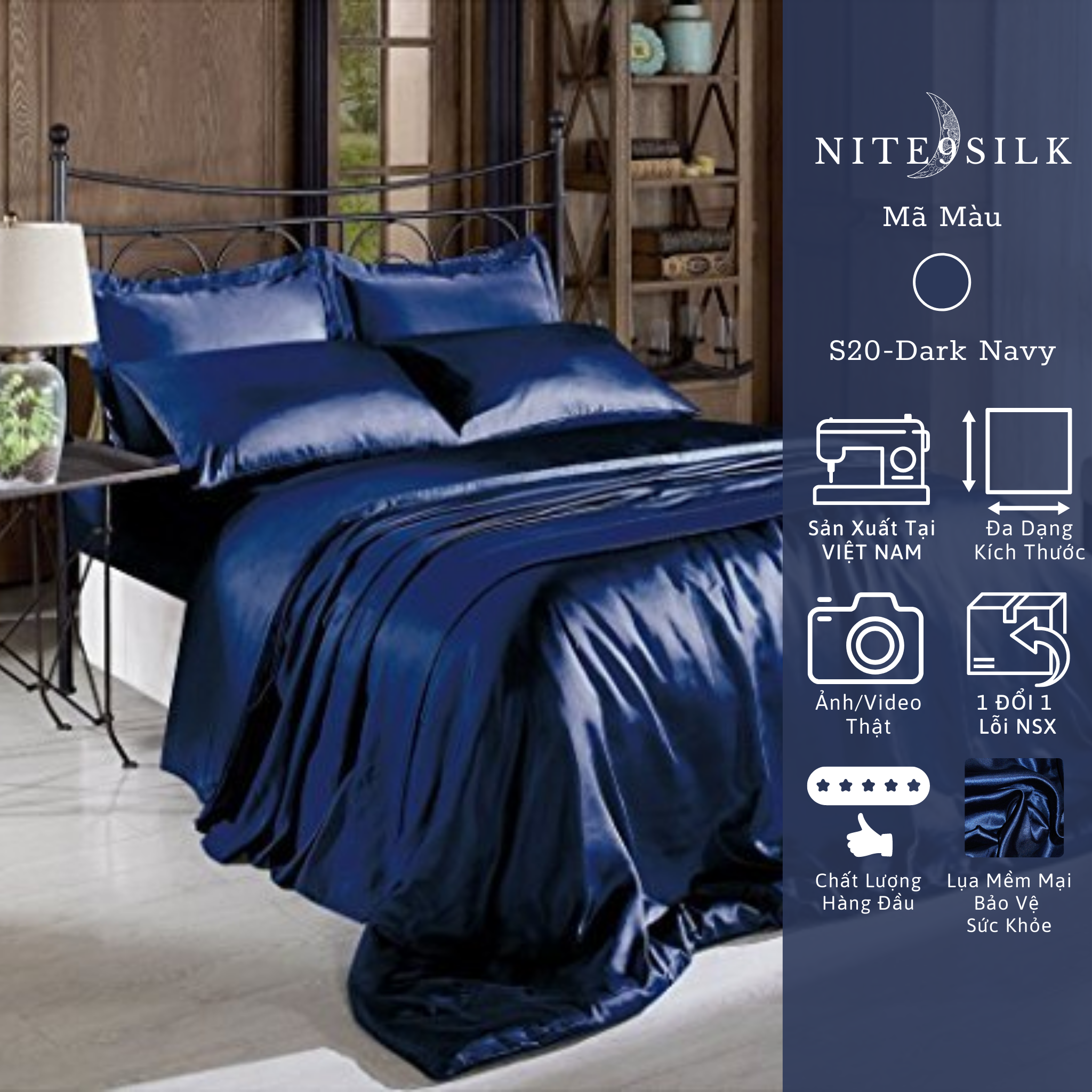 Bộ Chăn Ga Gối Lụa Màu Xanh Đen - Chăn Ga Giường Êm Ái - Nite9 Silk