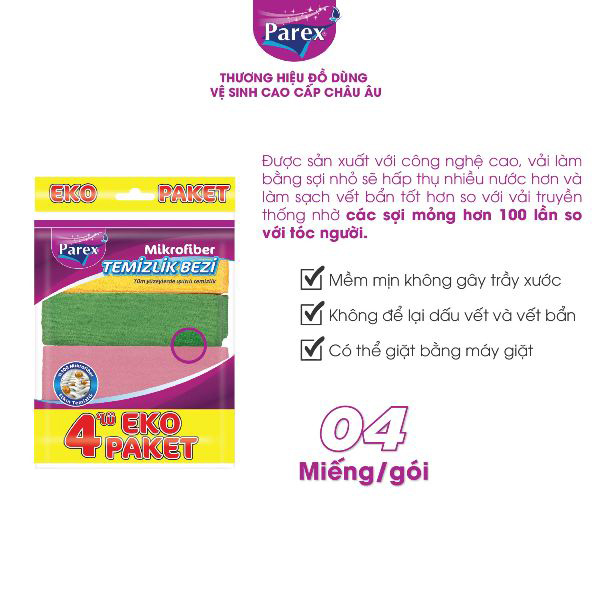 Gói 4 khăn lau Microfiber ( 30 cm x 30 cm) cao cấp Châu Âu Parex