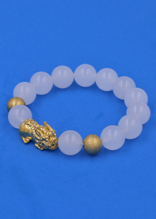 Chuỗi đeo tay Thạch Anh Trắng 12 ly - cẩn Tỳ Hưu Phong thủy inox vàng VTATTHHBV12 - hợp mệnh Kim, mệnh Thủy
