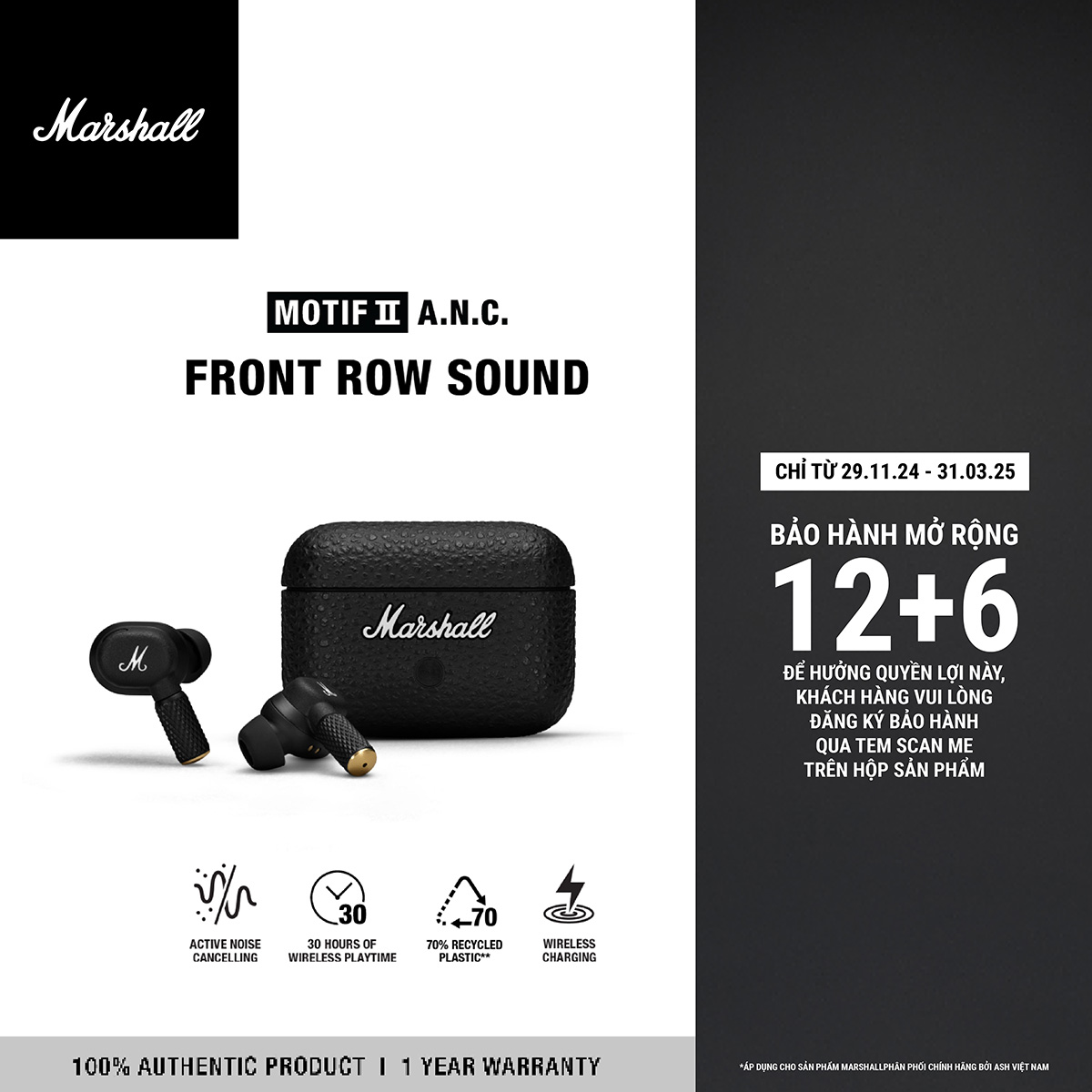 Tai Nghe Marshall Bluetooth Truewireless MOTIF II A.N.C - Pin lên đến 30h - Hàng Chính Hãng