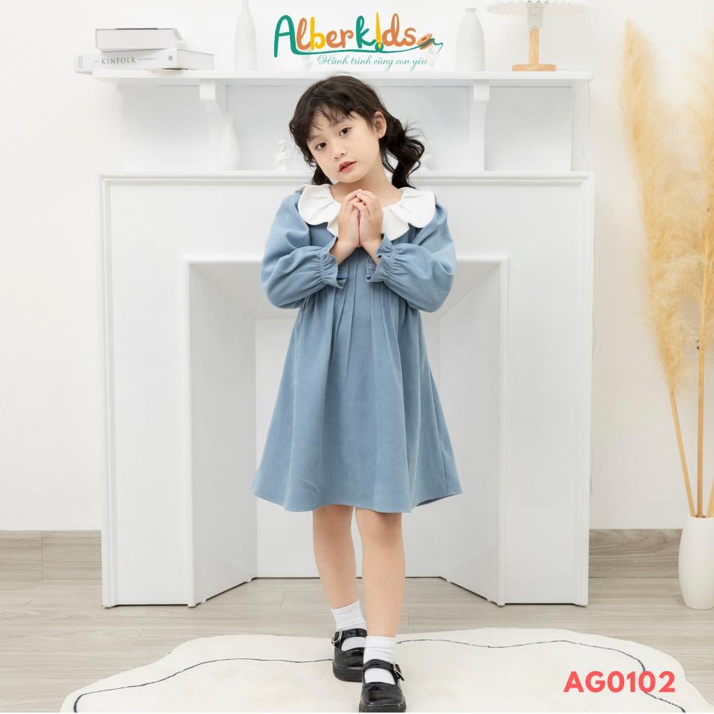 Váy bé gái ALBER KIDS tay dài xanh phối cổ trắng xinh đẹp cho trẻ em 2,3,4,5,6,7,8,9,10,11,12 tuổi AG0102