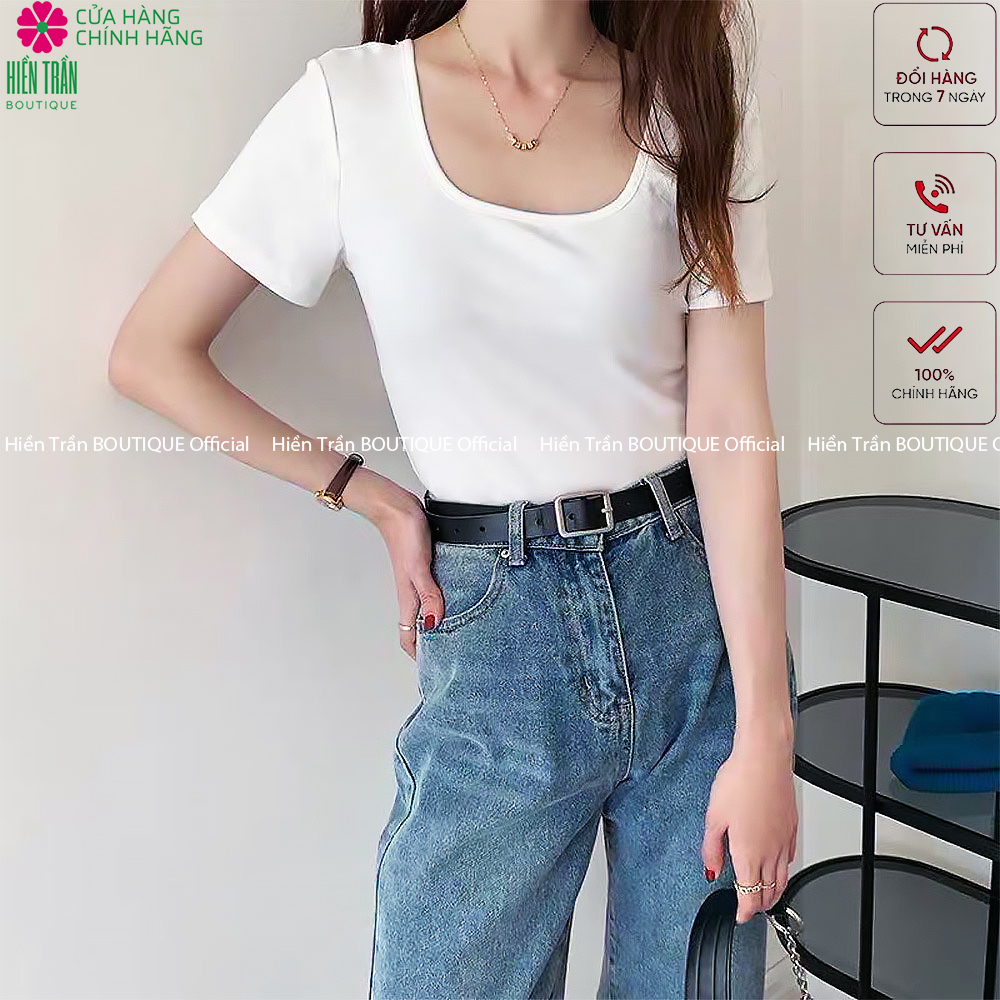 Áo phông nữ Hiền Trần BOUTIQUE cổ vuông cộc tay form đẹp thun trơn co giãn tốt màu đen trắng thời trang basic