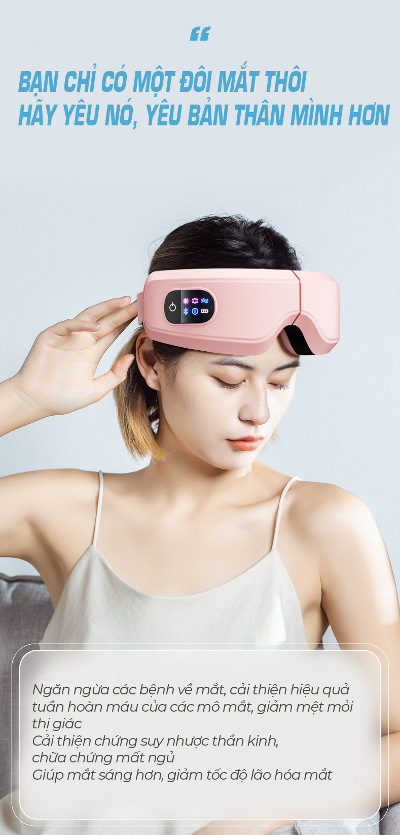 Máy Massage Mắt VISPO VP-M21W - EYES CARE MASSAGE Không Dây Kết Nối Bluetooth - Mát Xa Túi Khí Kết Hợp Nhiệt Ấm - Giảm Nhức Mỏi Mắt, Giảm Quầng Thâm, Cải Thiện Giấc Ngủ