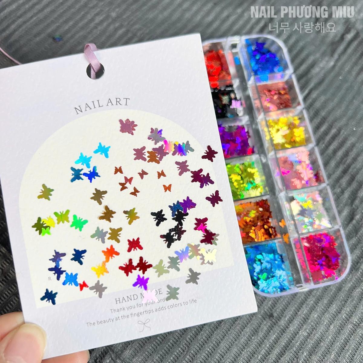 Set Kim Tuyến 12 Màu Lá Phong Bướm Sequin Làm Nail Siêu Lấp Lánh, Lá Thông Siêu Mỏng Dễ Đắp, Tạo Móng Sinh Động