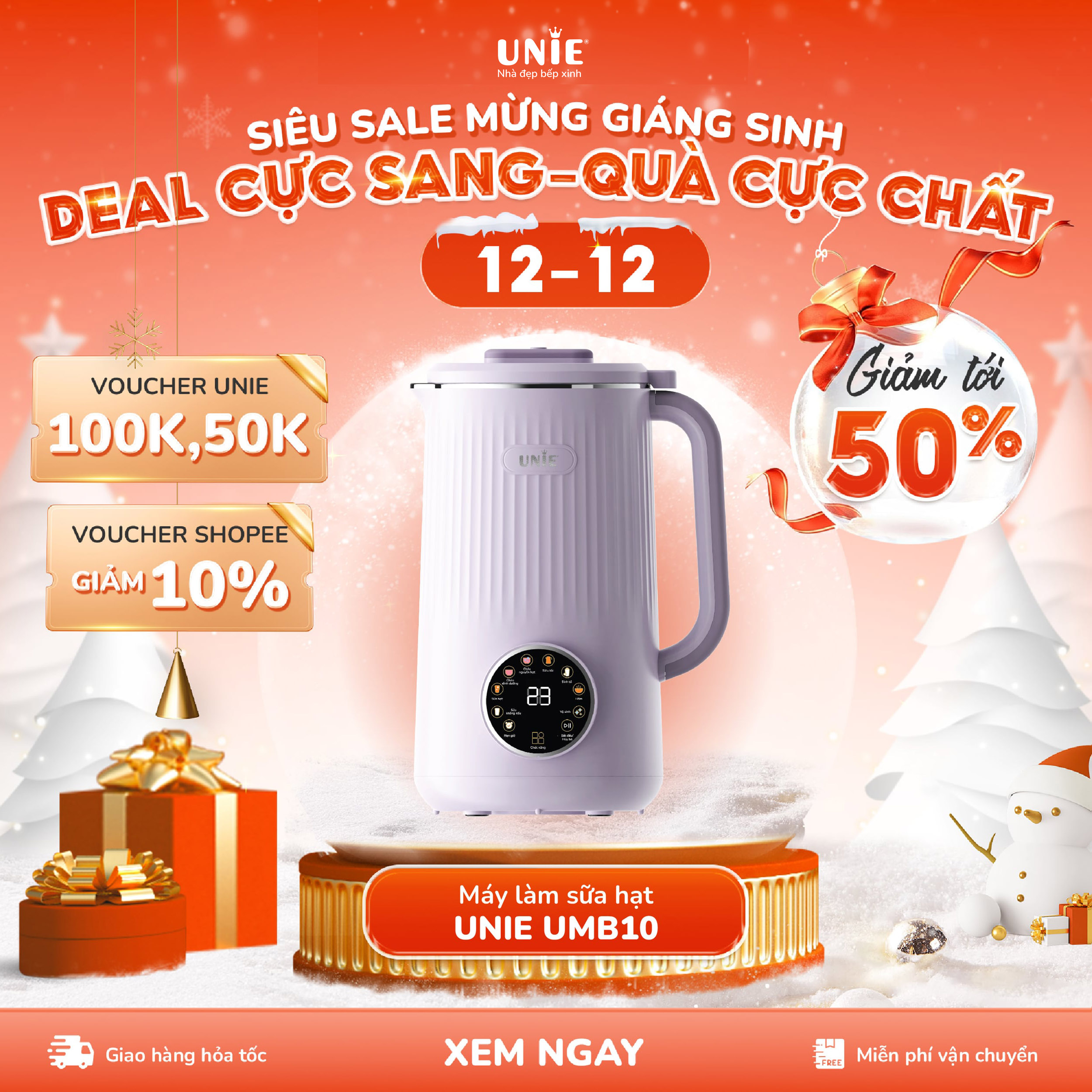 Máy làm sữa hạt Unie UMB10,Lưỡi dao 8 cánh inox 304 cao cấp,Dung tích 1L,công suất 800W,8 chức năng xay nấu- hàng chính hãng