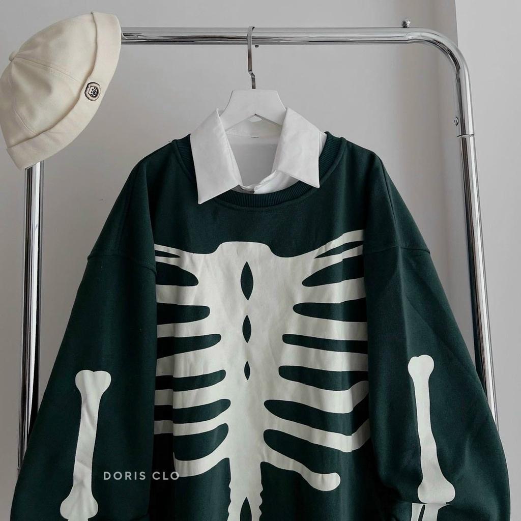 Áo Sweater Nỉ Bông Họa Tiết In Bộ Xương Form Rộng Unisex Nam Nữ Ulzzang