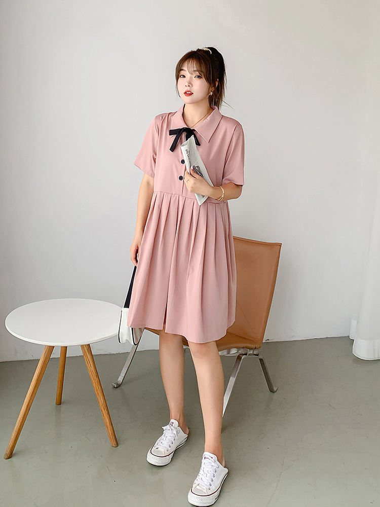 Đầm Suông Xếp Ly Hồng Phấn Đính Nơ.