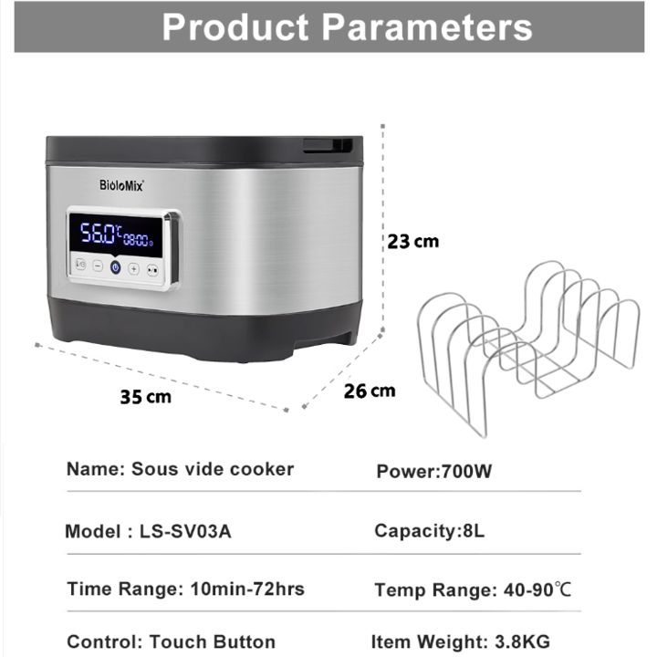 Máy nấu chậm Sous Vide BioloMix LS-SV03A thế hệ thứ 6, công suất 700W, dung tích bình chứa 8L, màn hình LED cảm ứng hiển thị - Hàng chính hãng