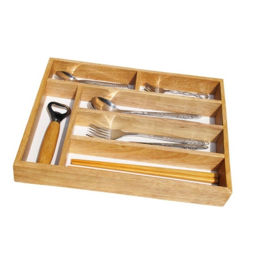 Khay Gỗ Để Muỗng Nĩa 6 Ngăn, Kích Thước 33x26x4.2 cm - Gỗ Cao Su Bền Đẹp Sang Trọng Cho Không Gian Bếp