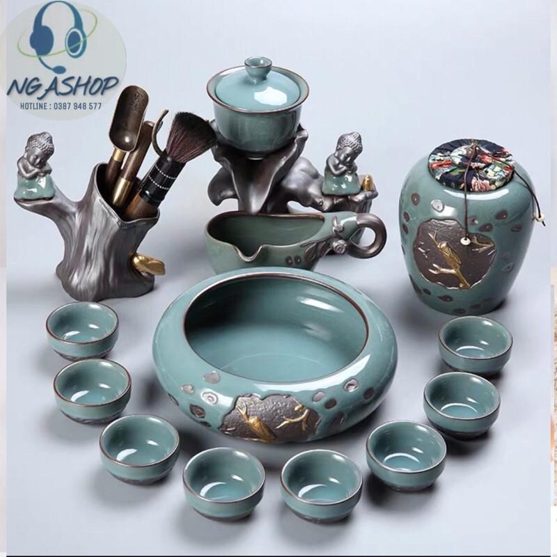 Bộ ấm chén pha trà đẹp cối xay kungfu Tử sa gốm sứ cao cấp,Bộ chén uống trà đạo 18 chi tiết chú tiểu màu xanh-M04