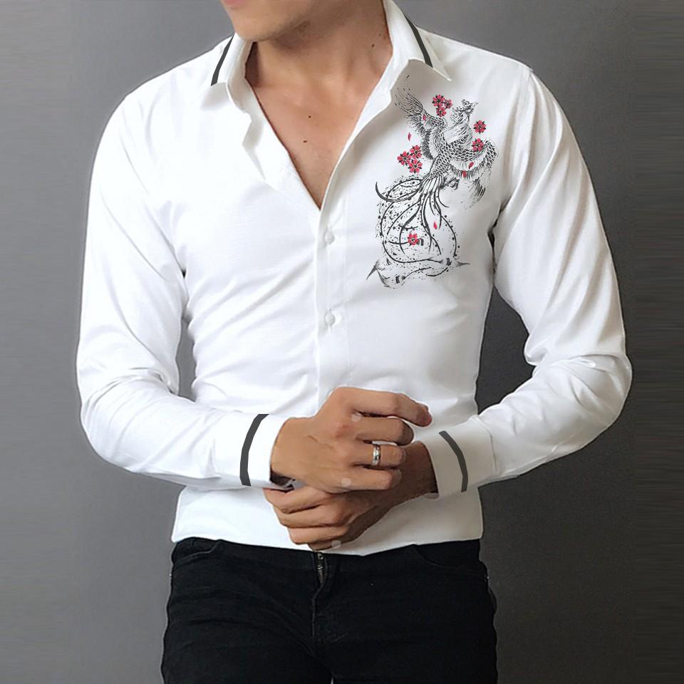 Áo Sơ mi nam trắng tay dàiHàn Quốc họa tiết phượng hoàng cao cấp A86
