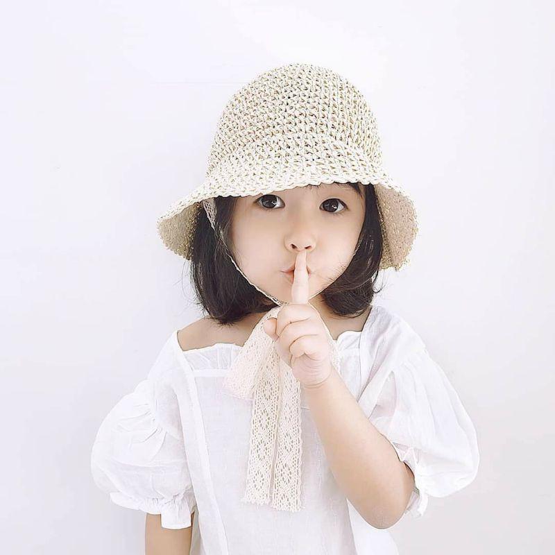 Mũ cói Ajuma cho bé/ nón cói cột nơ hàn quốc cho bé