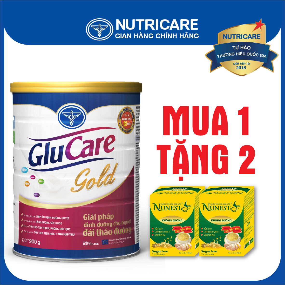 [Tặng 2 lọ yến] Sữa bột Nutricare Glucare Gold dinh dưỡng cho người tiểu đường 900g