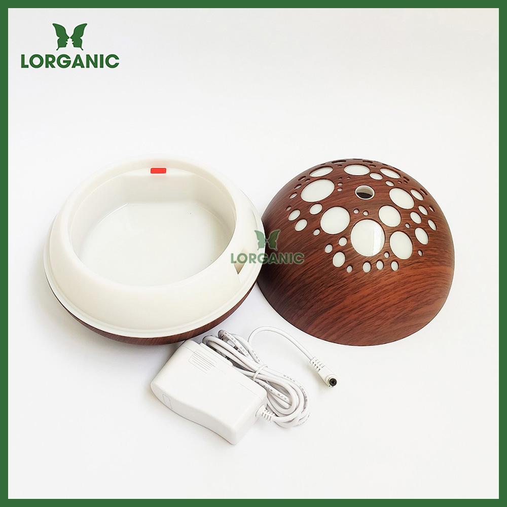 Combo máy khuếch tán/ máy xông tinh dầu Lorganic ánh trăng vân gỗ tối FX2041 + tinh dầu cam hương Lorganic / Phun sương sóng siêu âm/ Thích hợp xông phòng 15-40 m2.
