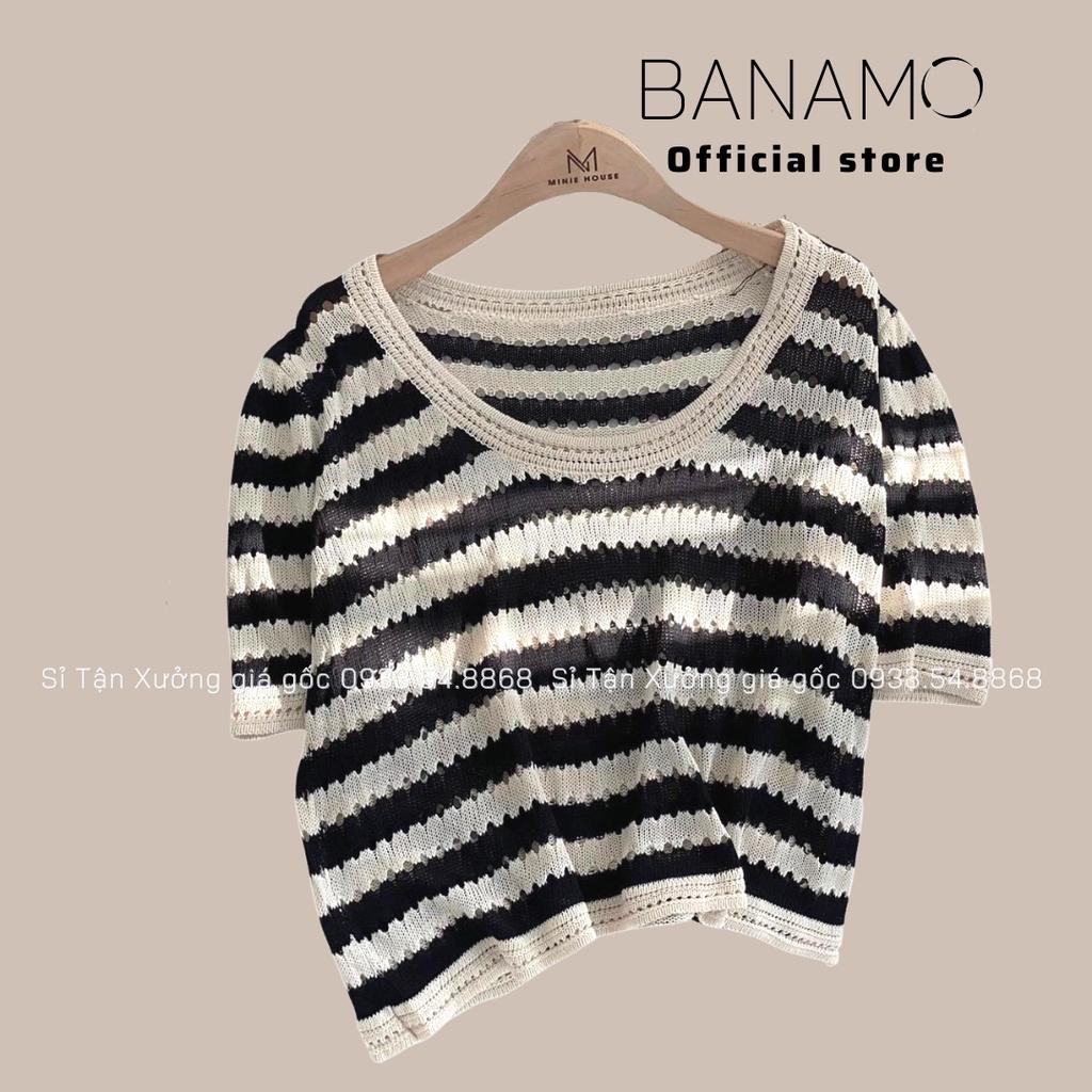 Áo len dệt kim ngắn tay họa tiết kẻ ngang phong cách hàn quốc thời trang Banamo Fashion áo len kẻ ngang 3415