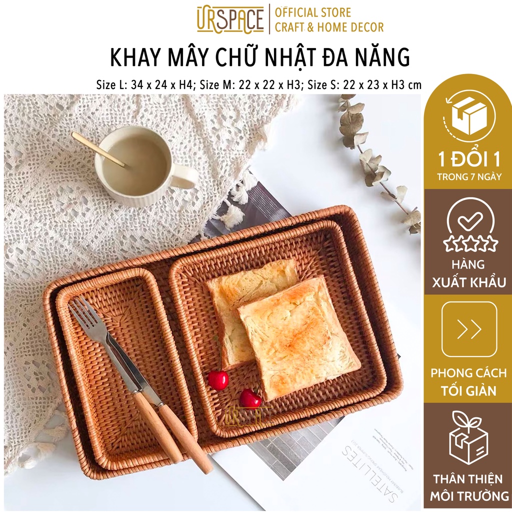 Khay mây đựng bánh URSPACE trang trí tiệc, decor chụp ảnh sản phẩm/ SET OF 3 RECTANGLE RATTAN TRAY