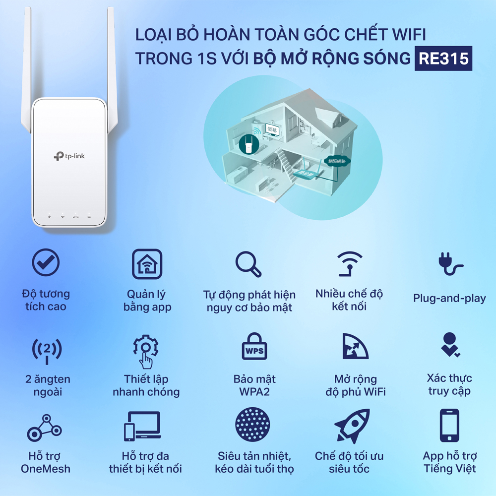 Bộ Mở Rộng Sóng Wifi Mesh TP-Link RE315 Chuẩn AC 1200Mbps - Hàng Chính Hãng