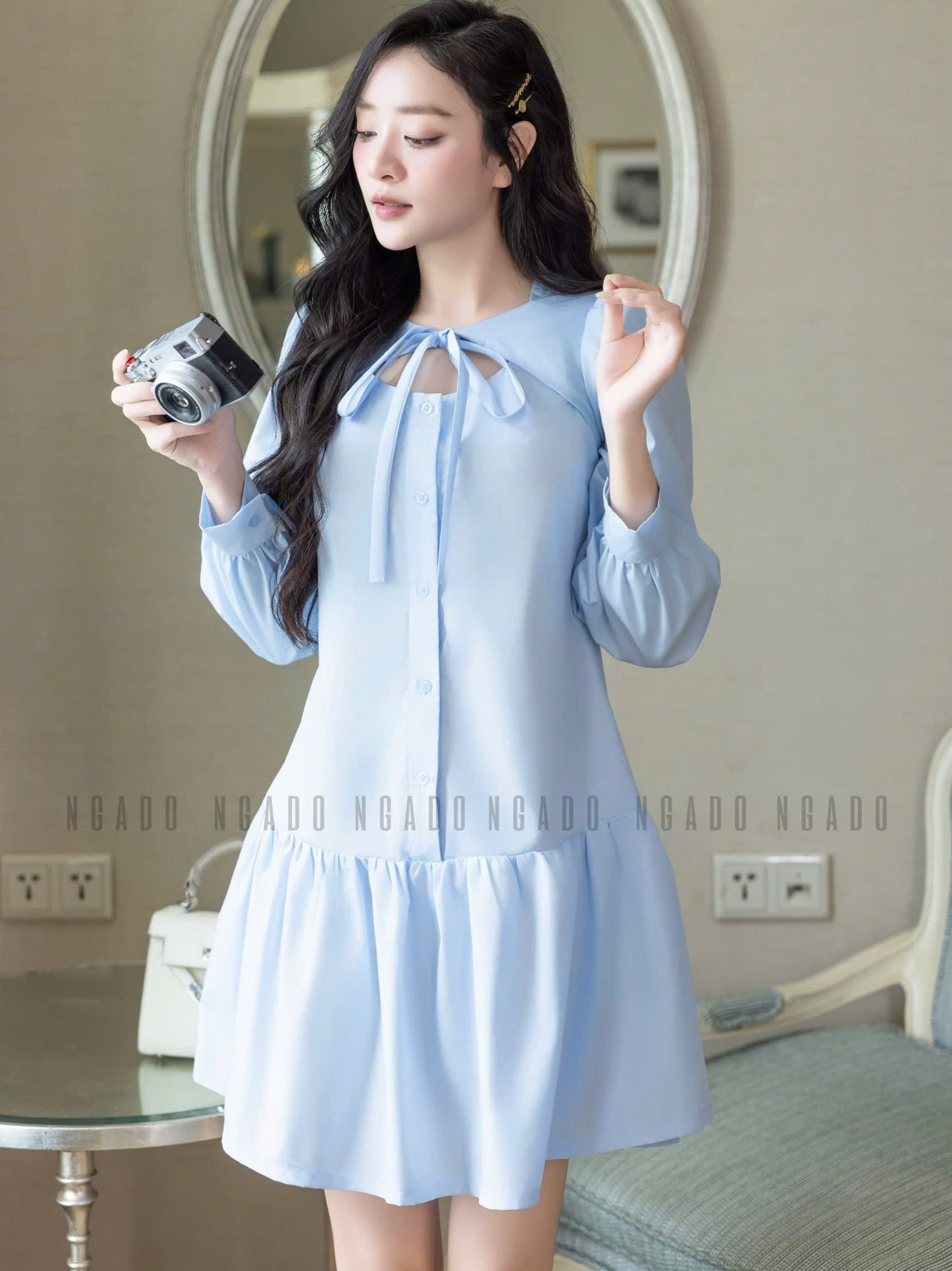 Đầm xanh tay dài phối nơ NGADO , đầm dự tiệc , công sở