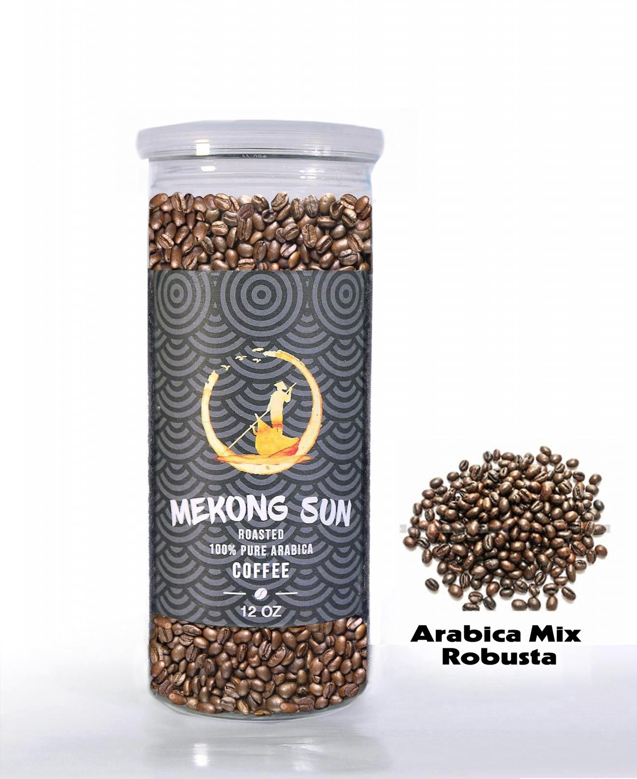 Cà Phê hạt rang Mekong Sun  -  Loại Arabica mix Robusta  Nguyên Chất , Hủ 340g