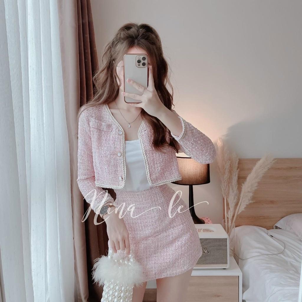 set dạ 3 món hồng áo 2 dây trong kèm khoác crop phối chân váy ngắn mẫu nina lê