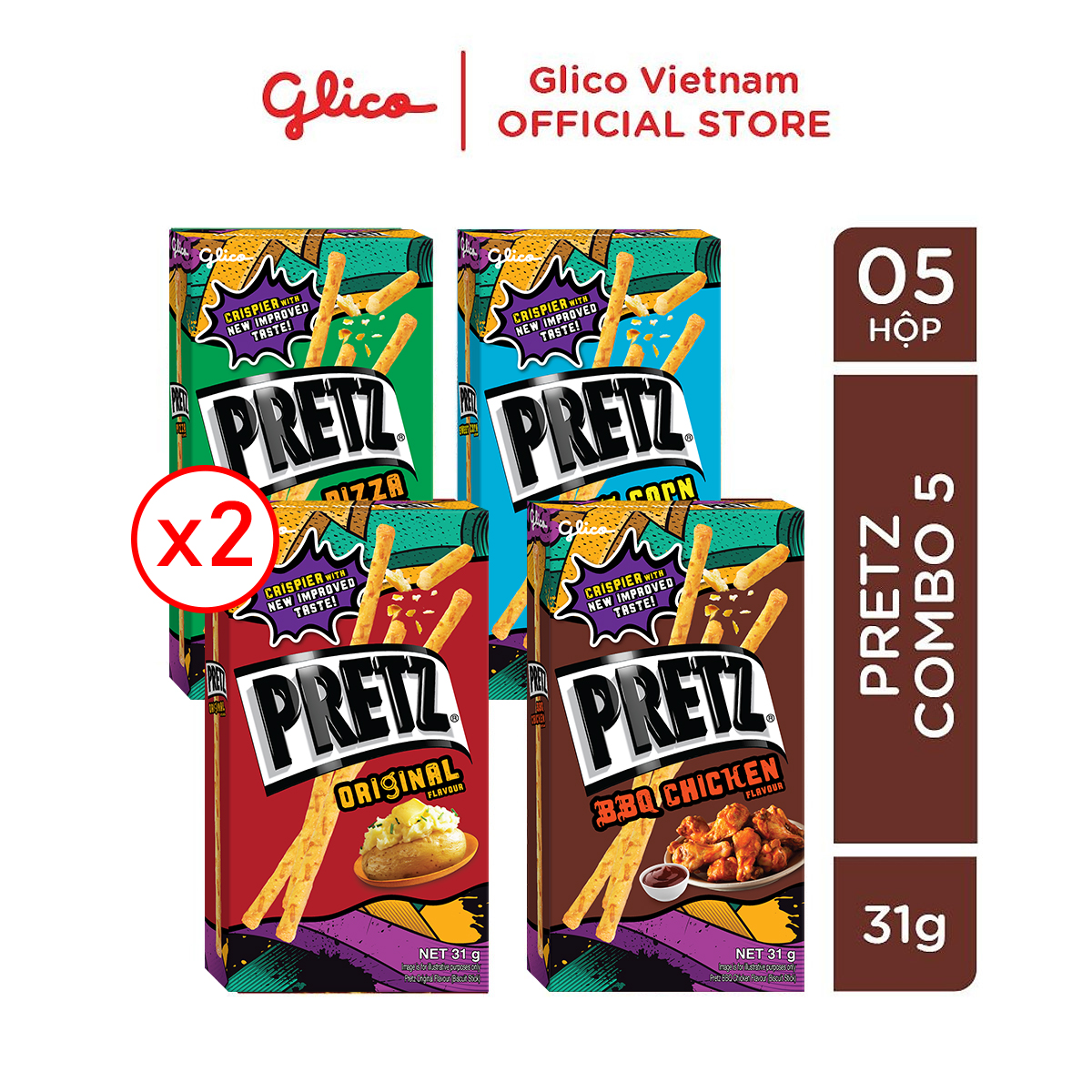 Bánh que nướng giòn 4 vị GLICO Pretz (Combo 5 hộp - 2 Khoai tây 1 BBQ Gà 1 Pizza 1 Bắp)