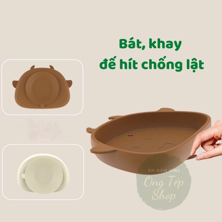 5 chi tiết - Bộ khay ăn dặm silicon đế hít chống lật gồm khay, bát, cốc silicon, thìa ăn dặm silicon hình chú bò