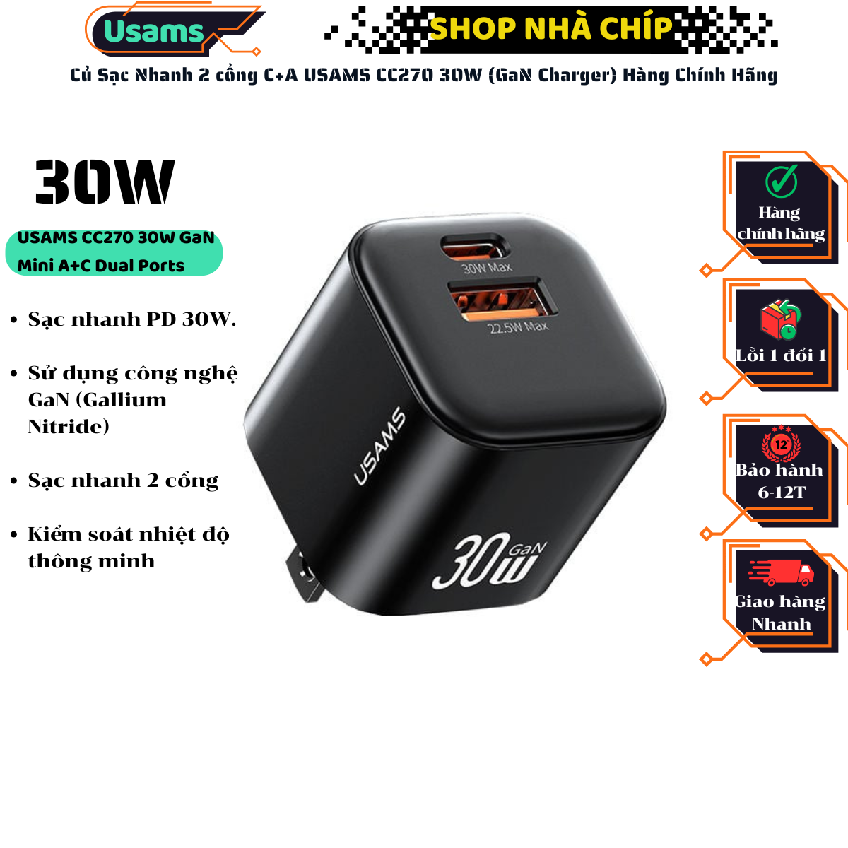 Củ Sạc Nhanh 2 cổng C+A USAMS CC270 30W (GaN Charger) Hàng Chính Hãng