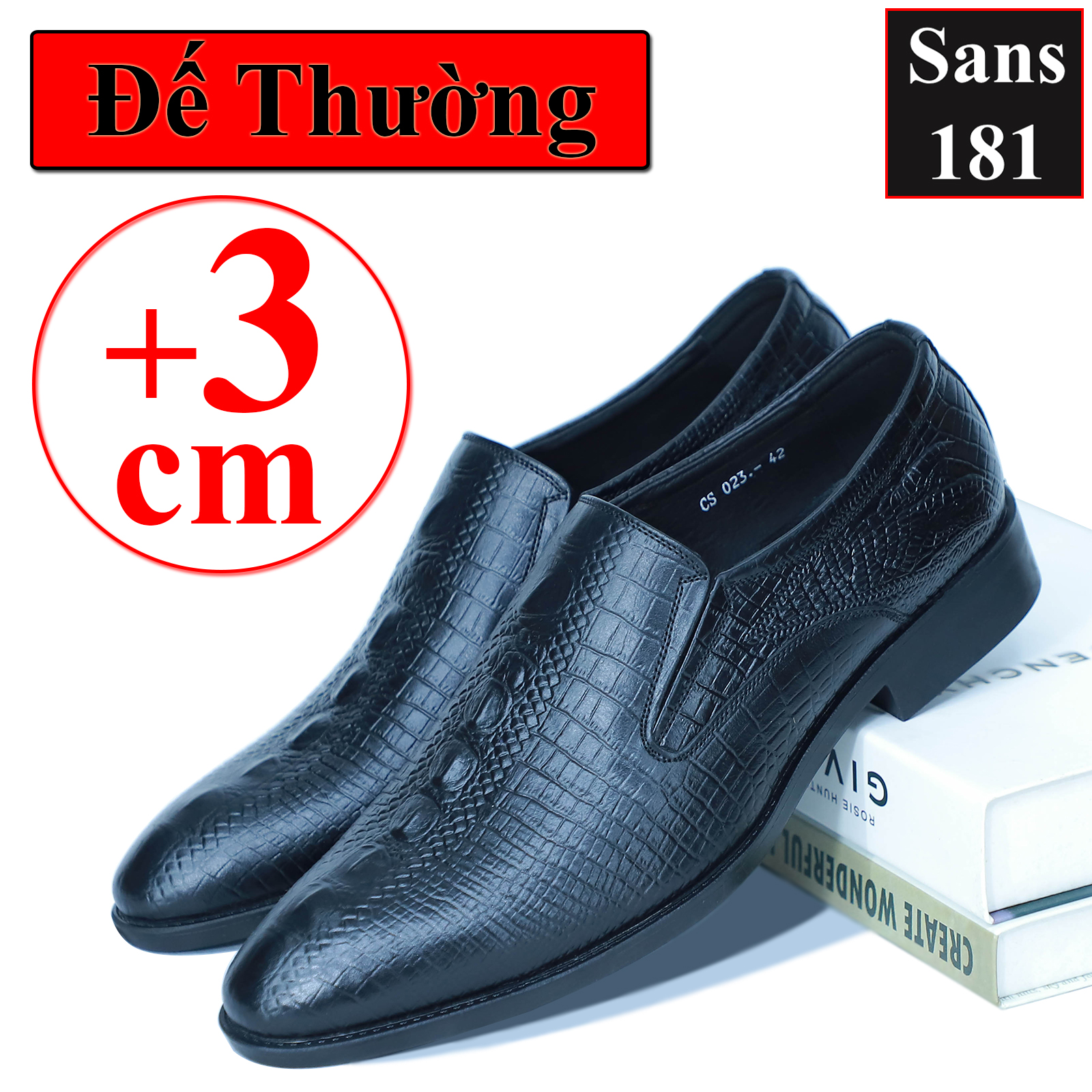 Giày Lười Da Bò Giày Tăng Chiều Cao 6cm Giầy Da Dập Vân Cá Sấu Sans181