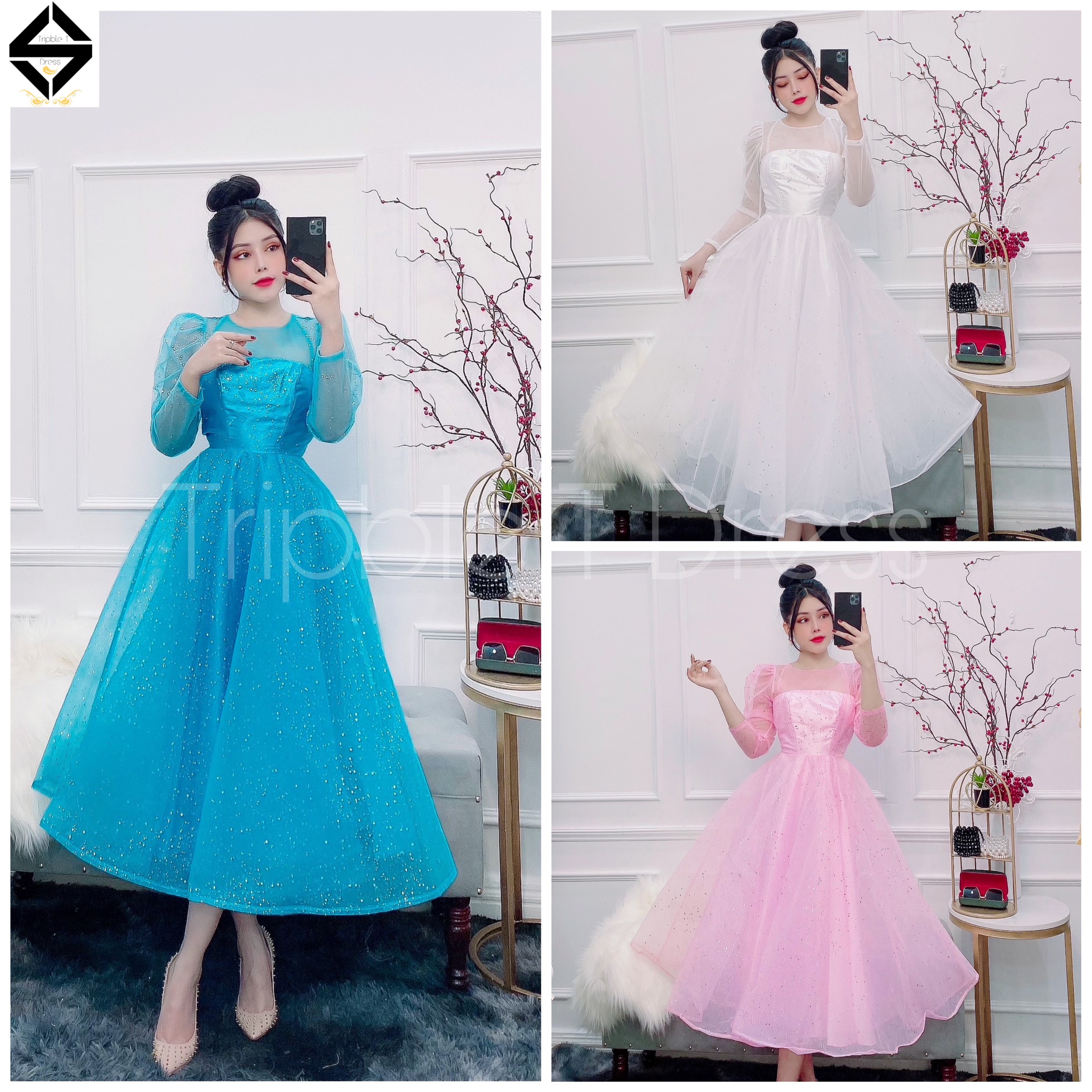 Đầm dự tiệc công chúa tay dài lưới kim tuyến TRIPBLE T DRESS - size M/L - MS138Y