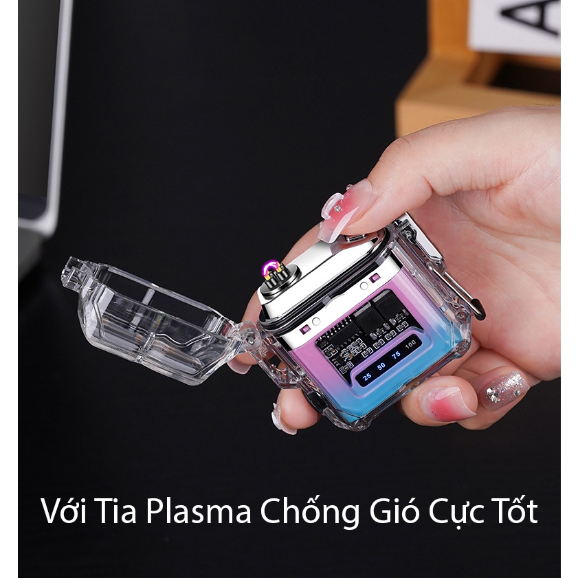 Quẹt Điện Plasma Tích Hợp Đèn Pin 3 Chế Độ Siêu Sáng - Vỏ Trong Suốt Chống Gió, Chống Nước - Hàng cao cấp