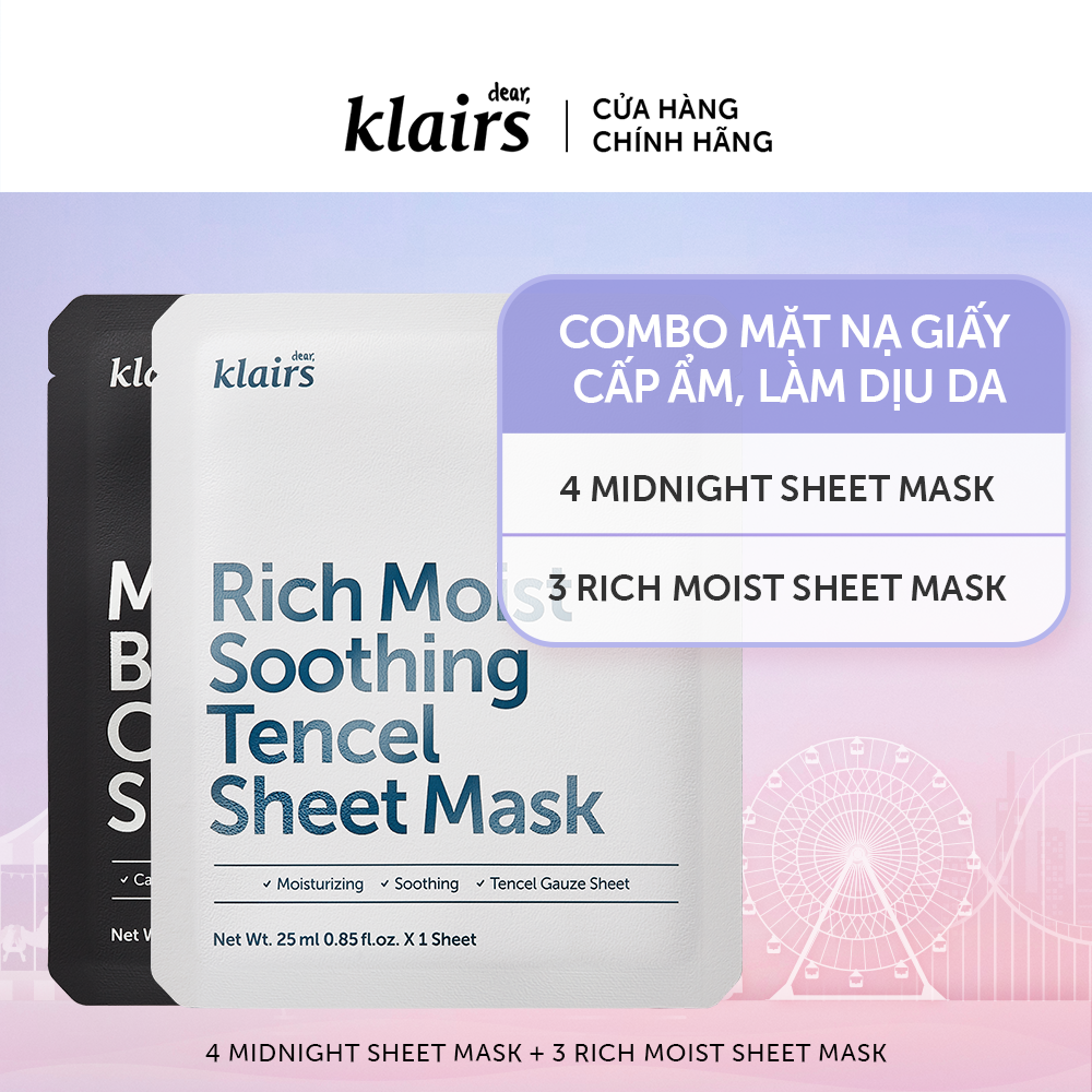 Combo 4 Dear, Klairs Mặt nạ giấy Midnight Blue Calming Sheet Mask 25ml+3 Rich Moist Soothing Tencel Sheet Mask 25ml